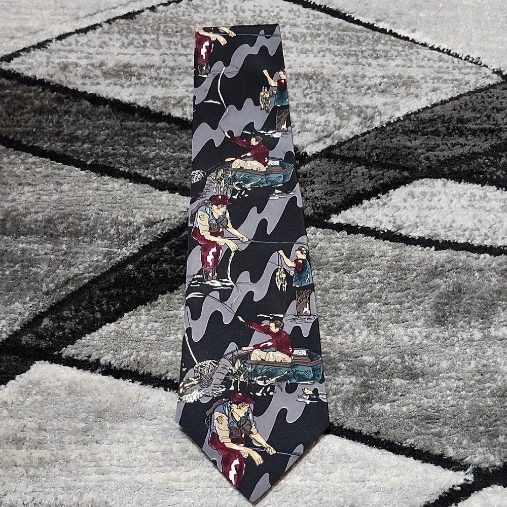 VINTAGE AMERICAN SPORTS FISHING SCENE OUTDOOR NECK TIE